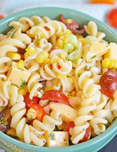 A bowl filled with pasta salad