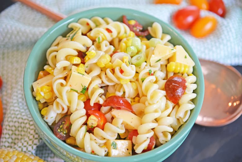 A bowl filled with pasta salad
