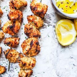 close up of grilled chicken skewers