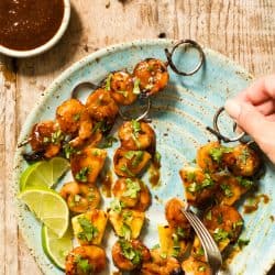 overhead shot of shrimp kabobs