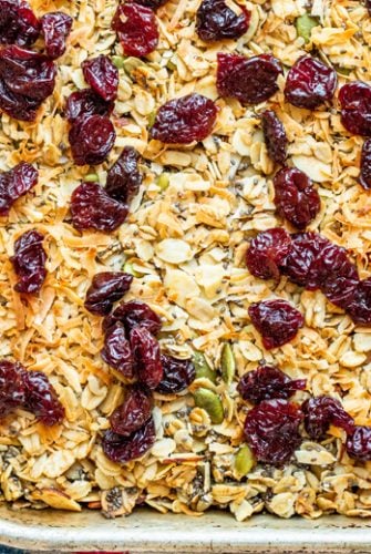 A baking dish with homemade granola