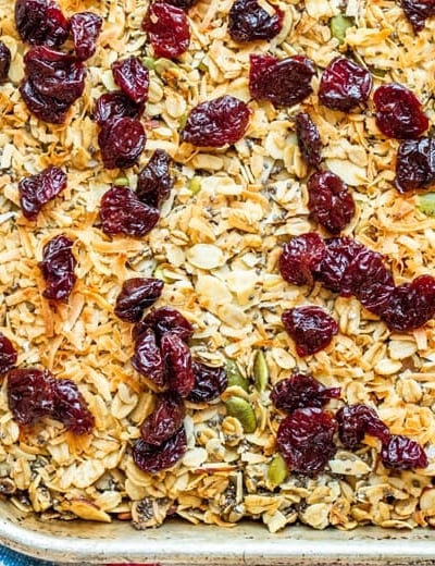 A baking dish with homemade granola