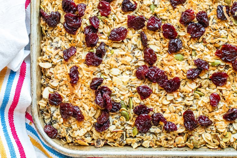 A baking dish with homemade granola