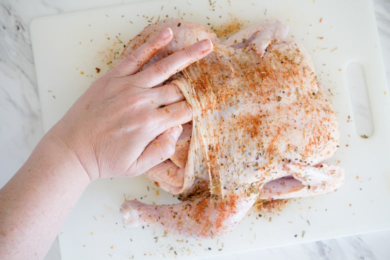 hand seasoning raw chicken 