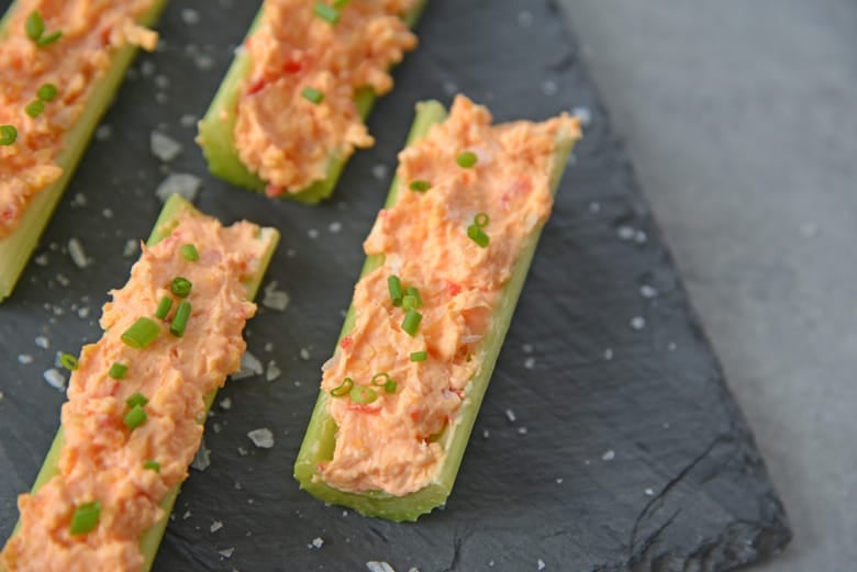 angle view of pimento cheese celery 