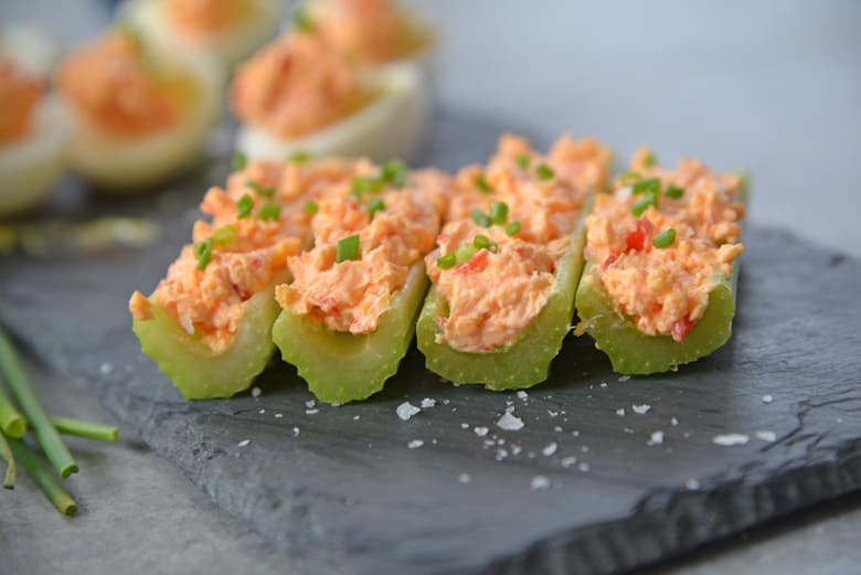 side view of celery with pimento cheese 