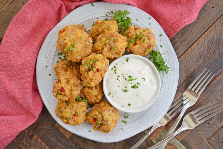 overhead of pimento cheese sausage balls 