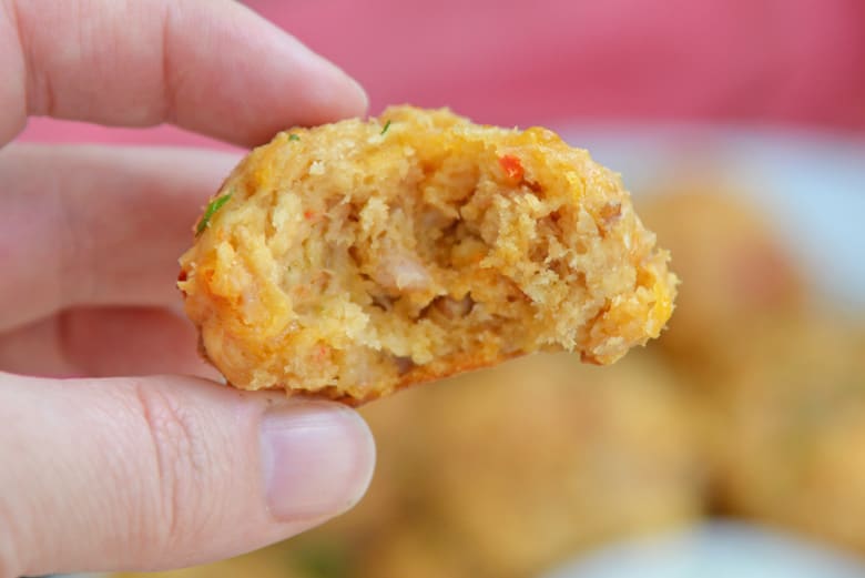 pimento cheese sausage ball cut in half 