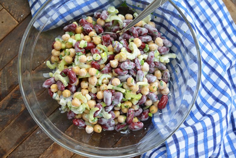 bowl of three bean salad with yogurt