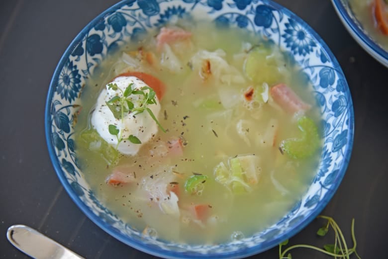 overhead of pork and sauerkraut soup 