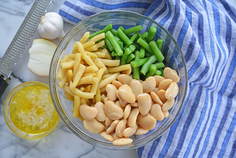 mixing bowl with wax beans, green beans and butter beans 