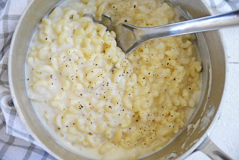 truffle mac and cheese in a saucepan 