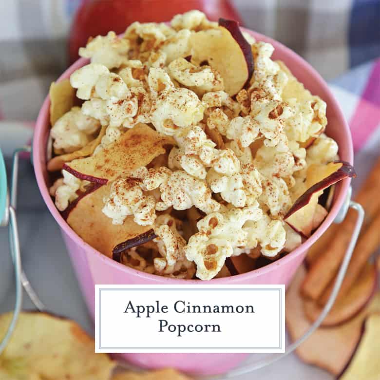 apple cinnamon popcorn in a pink bucket 