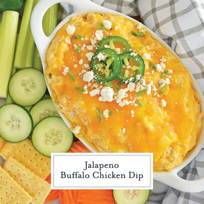 jalapeno slices on top of buffalo chicken dip with blue cheese crumbles 