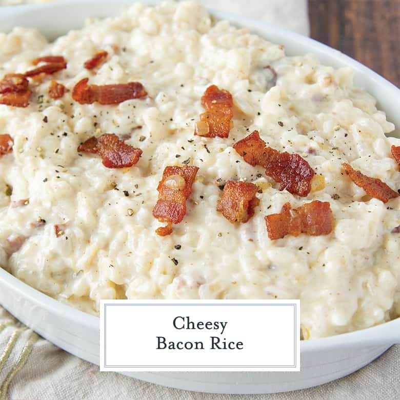 Creamy rice with bacon in a white serving dish 