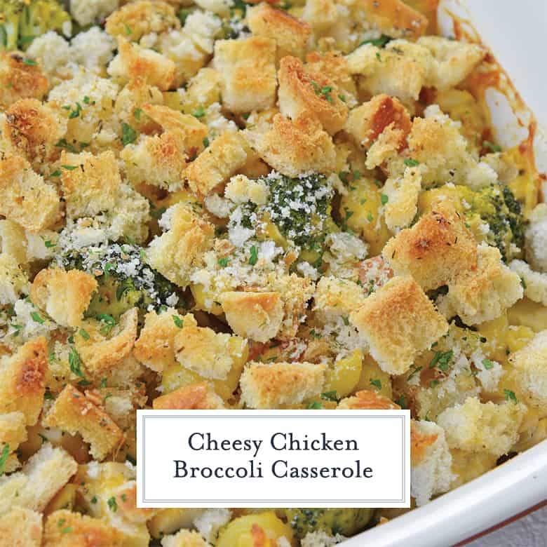 Close up of cheesy chicken broccoli casserole recipe 