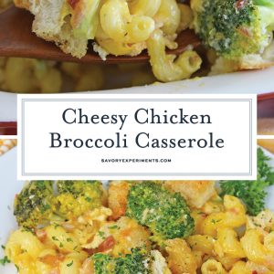 close up of broccoli chicken casserole for pinterest