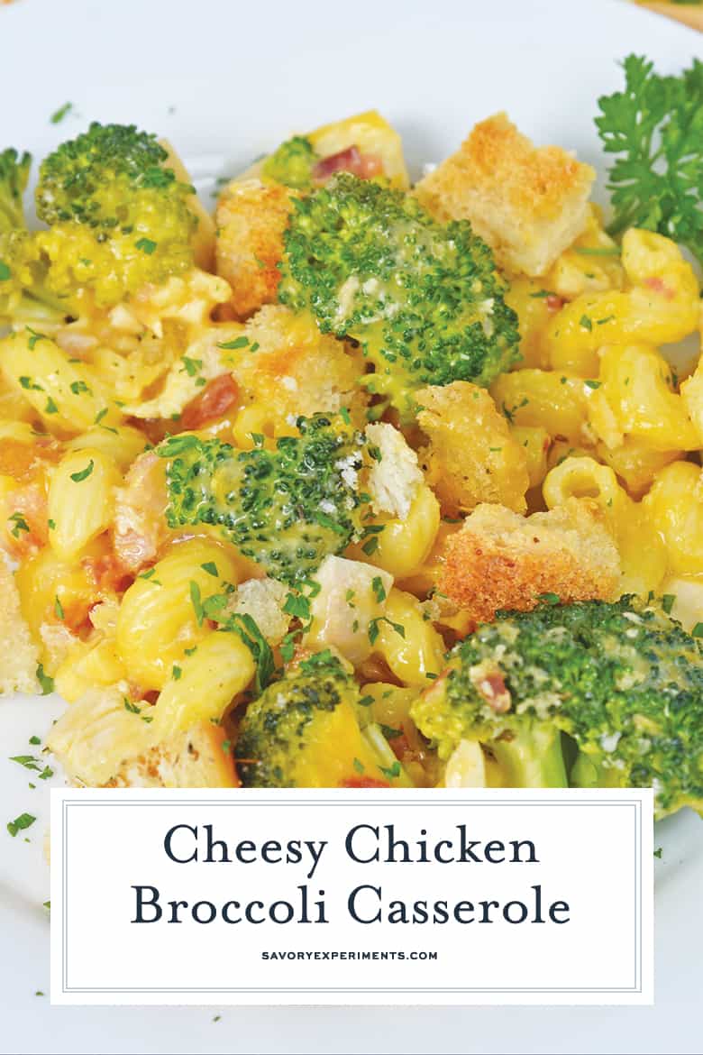 close up of broccoli and chicken casserole for pinterest  