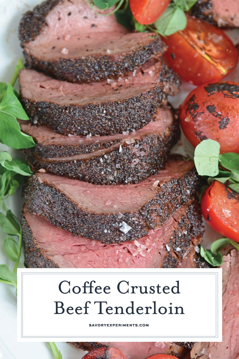 Serving platter with sliced beef tenderloin recipe, charred scallions and blistered red tomatoes 