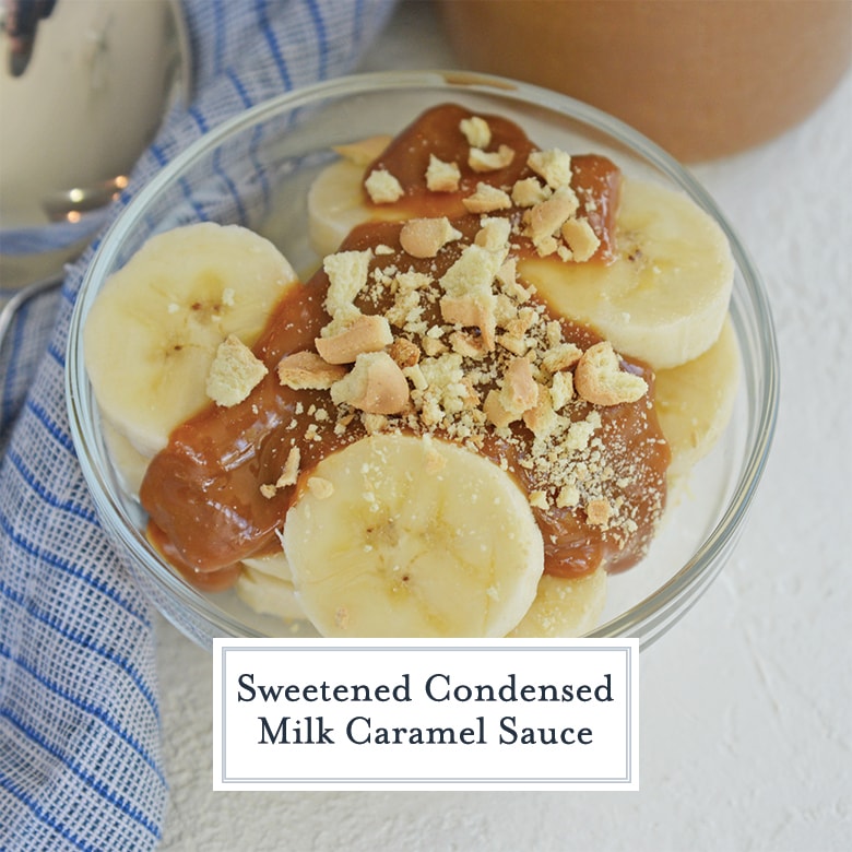 Dulce de leche sauce over bananas with cookie crumbles 