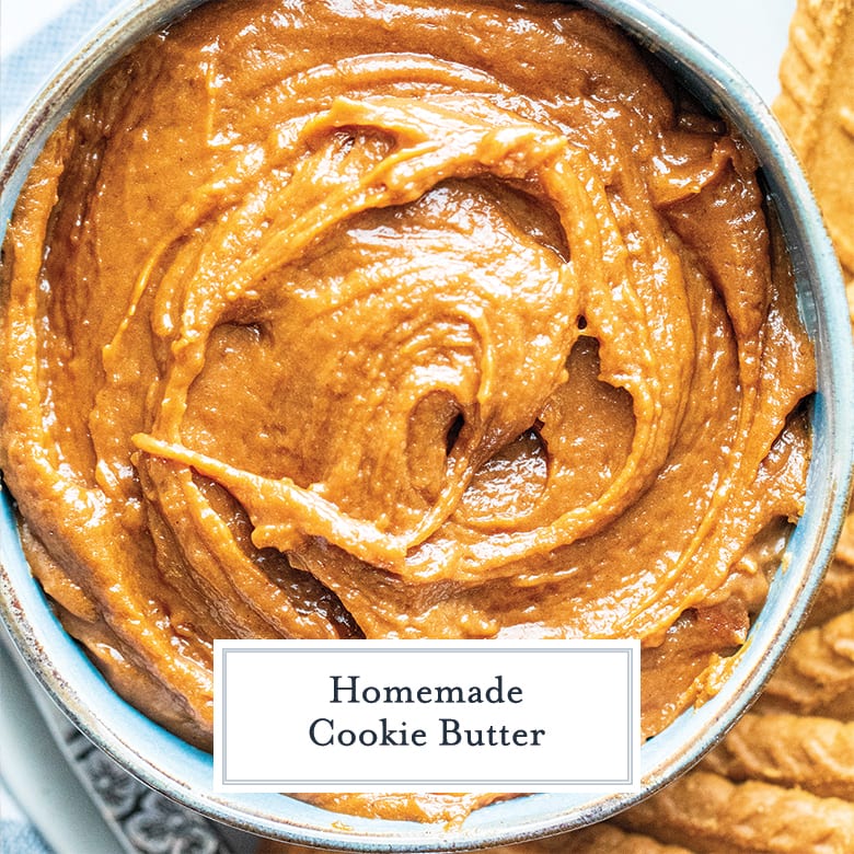 close up of cookie butter in a light blue bowl 