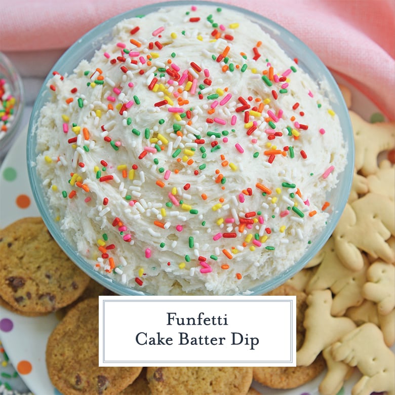 white cake batter dip topped with rainbow sprinkles 