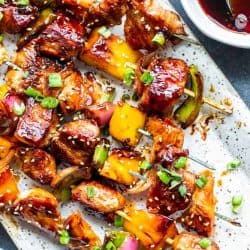 chicken teriyaki kabobs on a platter