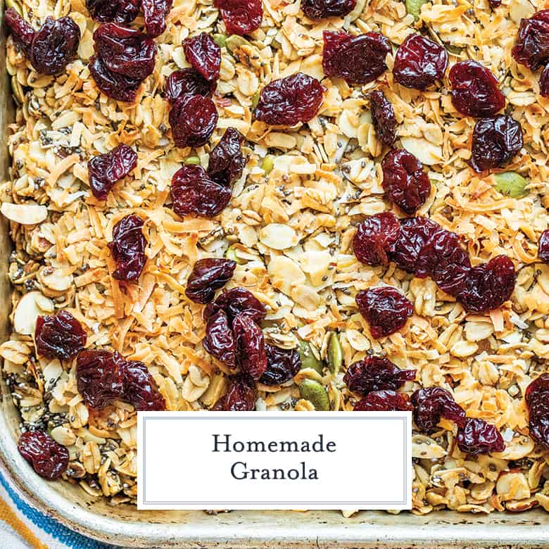 granola with dried cherries on a baking sheet  