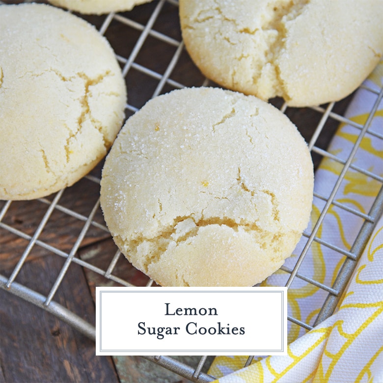 close up of lemon sugar cookie on a cooling rack with yellow linen 