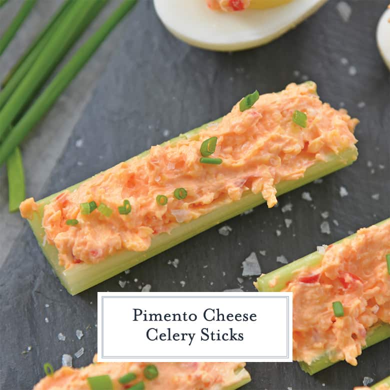 pimento cheese celery on a slate serving tray 