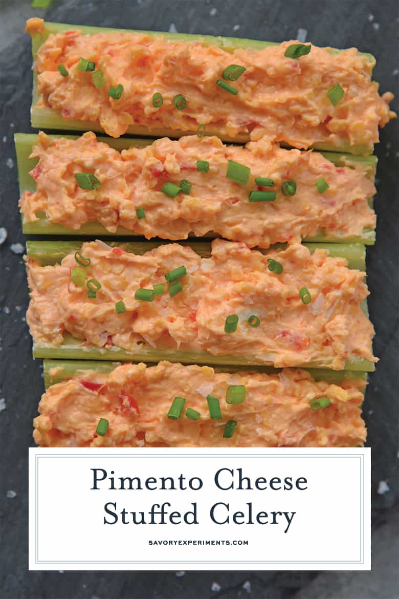 close up of pimento cheese stuffed celery 