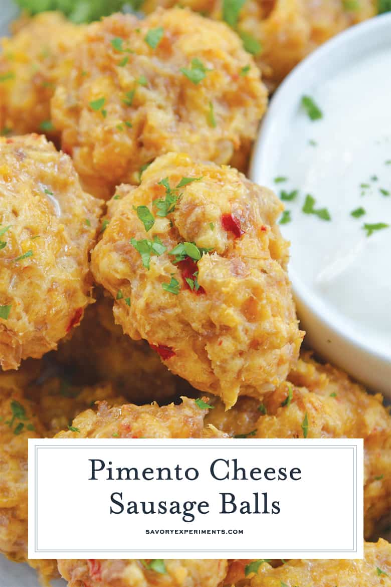 close up of pimento cheese sausage balls for pinterest 