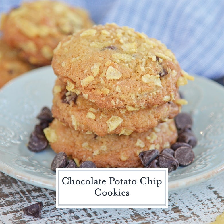 stack of 3 potato chip cookies with chocolate chips on a blue plate 