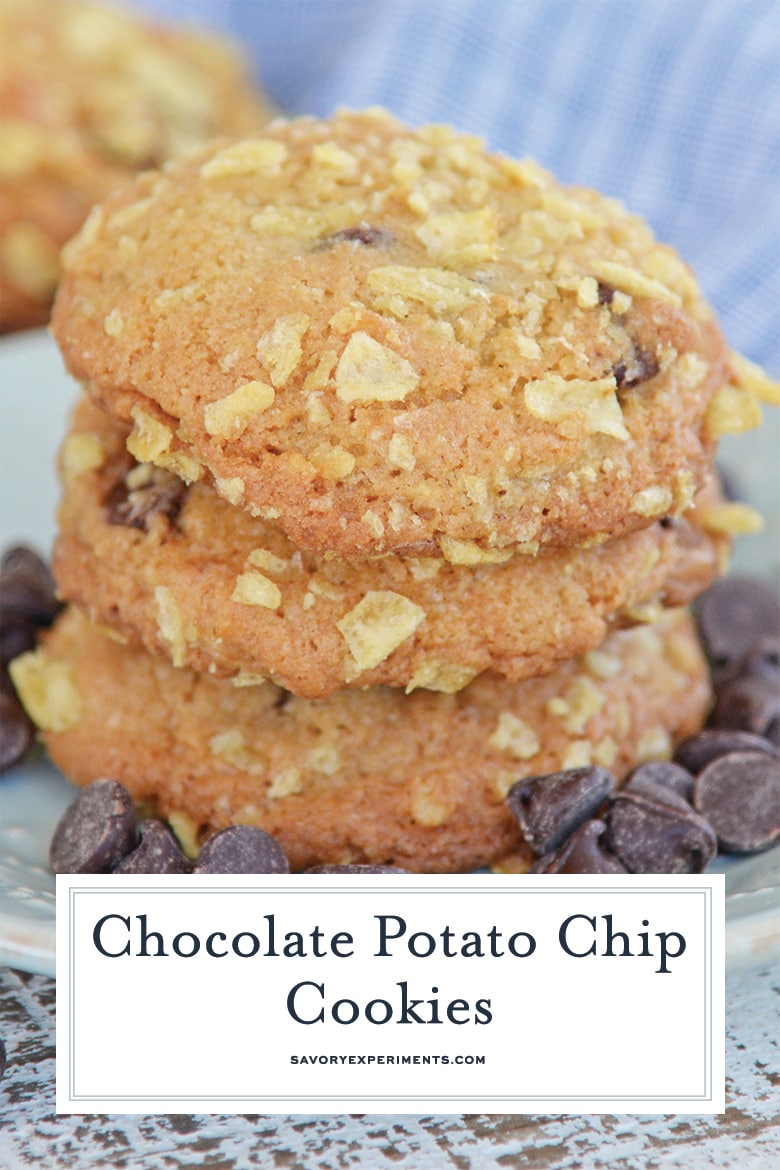 stack of potato chip chocolate chip cookies with text overlay