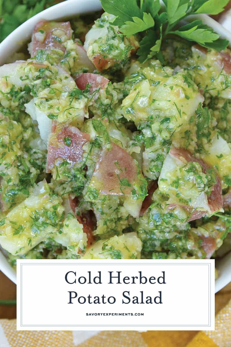 close up of herb potato salad for pinterest  