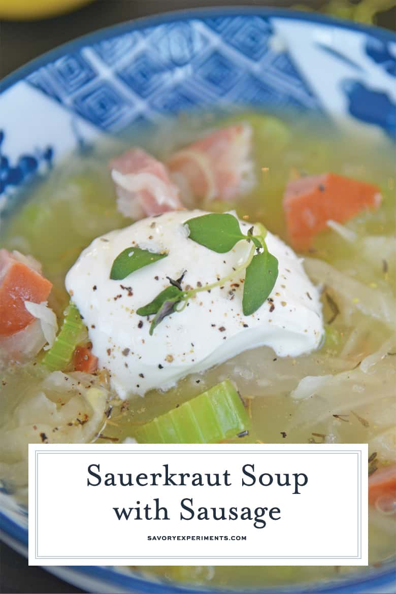 close up of sour cream garnish on sauerkraut soup recipe 