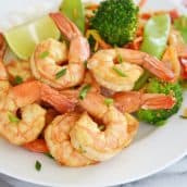 close up of soy lime shrimp with vegetables