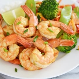 close up of soy lime shrimp with vegetables