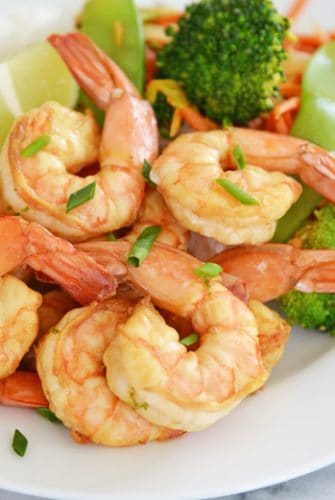 close up of soy lime shrimp with vegetables