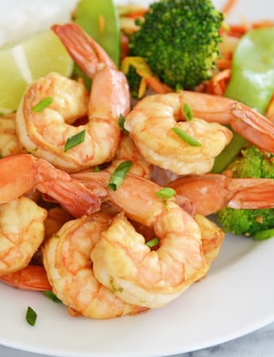 close up of soy lime shrimp with vegetables