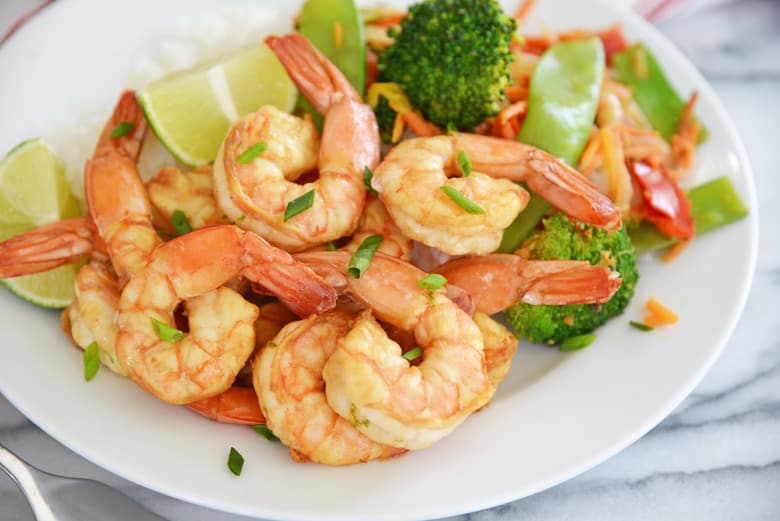 close up of soy lime shrimp with vegetables