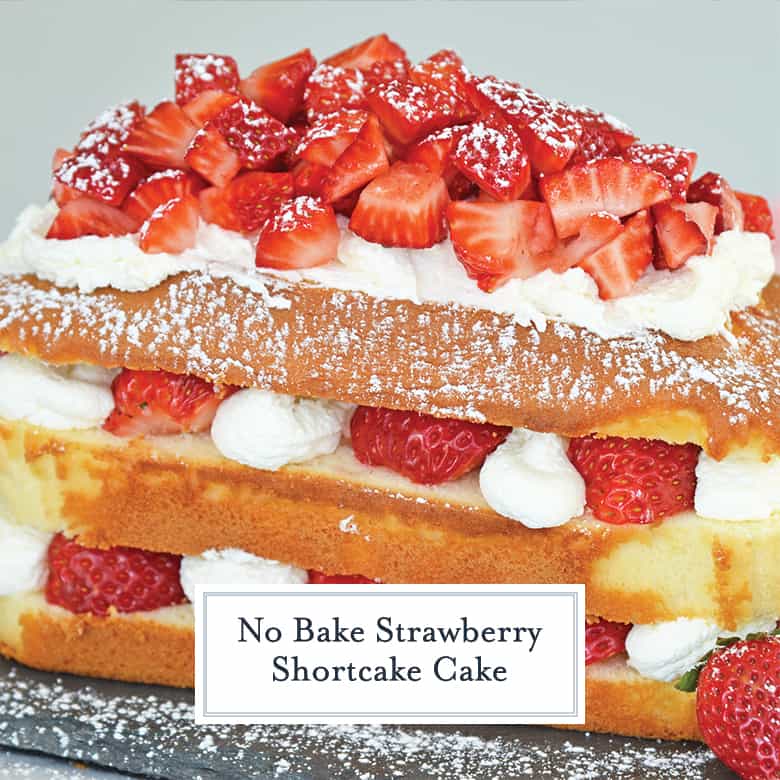 Three layer pound cake with whipped cream and strawberries