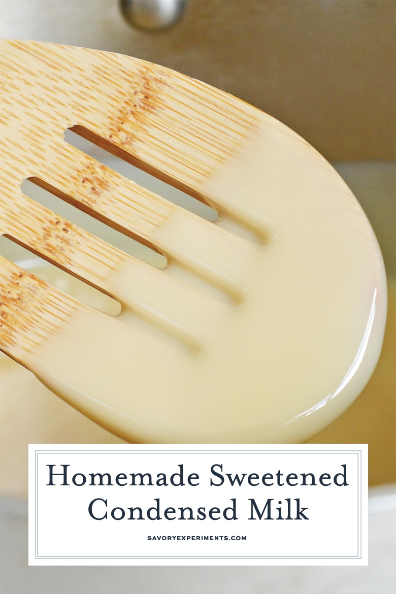 sweetened condensed milk dripping off a wooden spoon 