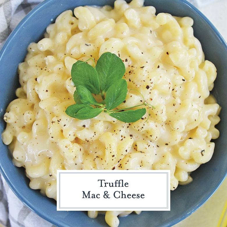 truffle mac and cheese with pea shoots and cracked black pepper in a blue bowl 