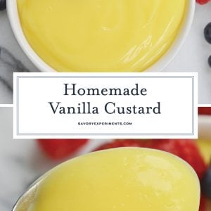 collage of homemade vanilla custard with fresh berries