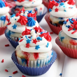 A close up of 4th of july cupcakes