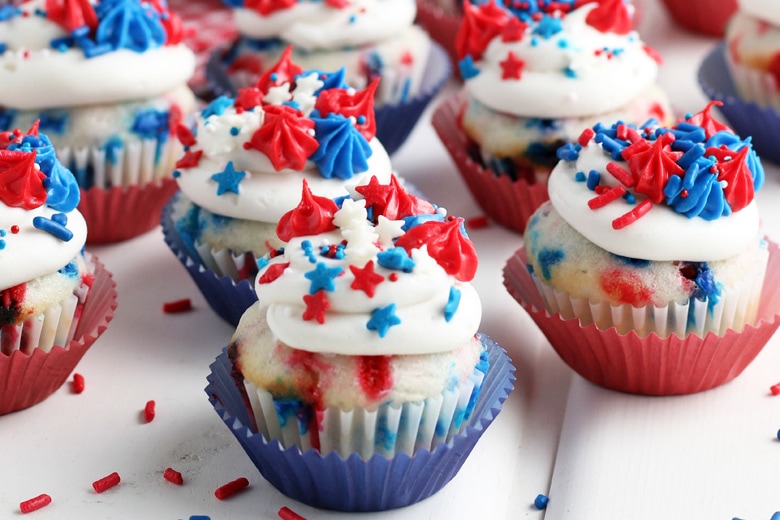 A close up of 4th of july cupcakes