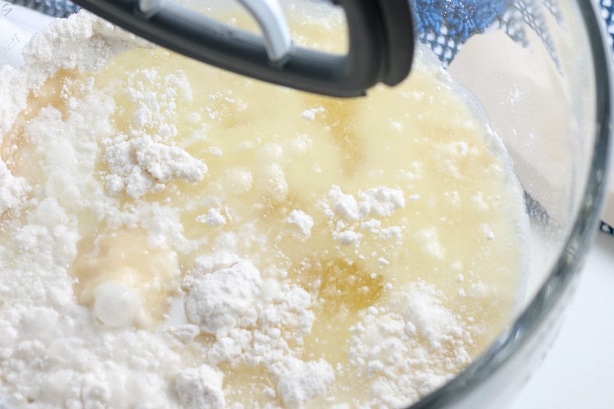 cake batter in a stand mixer 