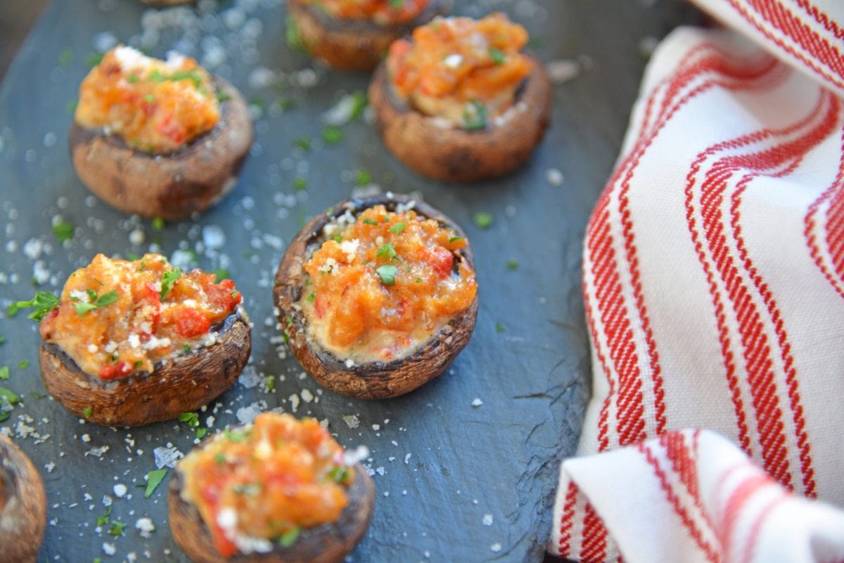 angle view of sausage stuffed mushrooms 