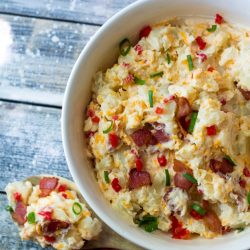 overhead shot of bacon pimento cheese potato salad